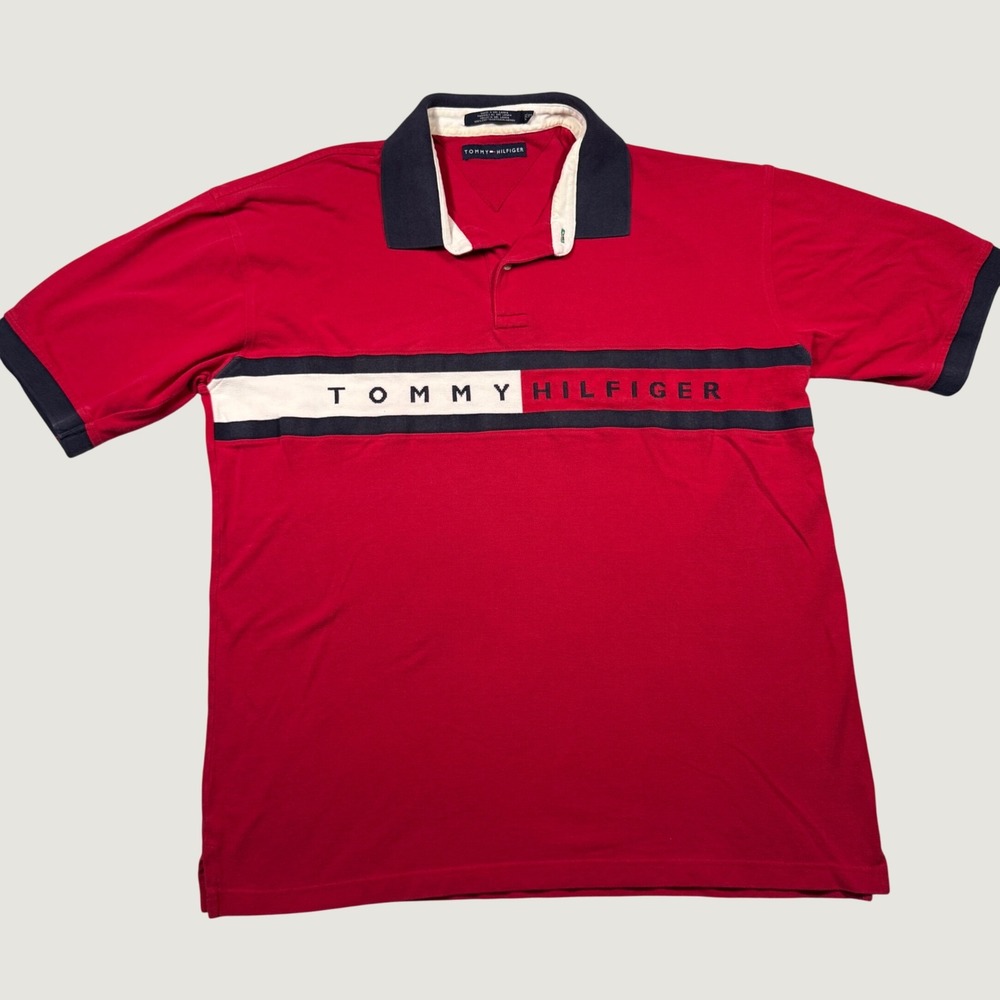 Vintage Y2K Tommy Hilfiger Polo Mens XXL Red Stripe Logo Shirt 2001 Spell Out